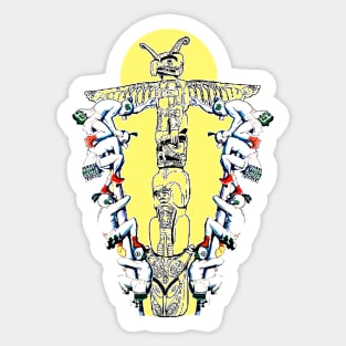 Totem in the village with indigenous people climbing a ritual trunk Sticker